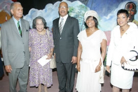 From left to right: Leo and Carmen Edwards, joined by Governor General Sir Patrick Allen and Lady Allen, and Ambassador to the United States Audrey P. Marks, at a Jamaican independence service in Washington, D.C. (Photo Derrick Scott)