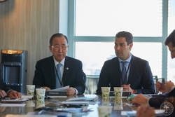 Former UN Secretary General and current Global Commission on Adaptation Co-Chair Ban Ki-moon (L) and Miami Mayor Francis Suarez (R) discuss the City's resilience efforts on Tuesday, February 19