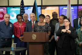 Chairwoman Edmonson speaks at a news conference regarding Hurricane Dorian relief efforts for The Bahamas. She is joined by Mayor Gimenez, fellow Commissioners, and Linda Mackey, Consul-General of the Commonwealth of the Bahamas.   
