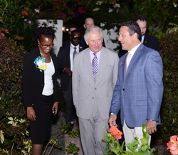  From Left to Right: Bernadette George-Martial, Acting Chief of Protocol; His Royal Highness, Prince Charles, the Prince of Wales; and Zachary Frangos, General Manager, Coconut Bay Beach Resort & Spa escorting Prince Charles to his Suite at Serenity at Coconut Bay