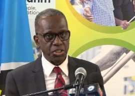 Prime Minister Phillip J Pierre speaking at the weekly cabinet news conference (CMC Photo)