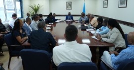 Prime Minister Phillip J Pierre, at the head table chairing meeting of stakeholders regarding the drought situation (GIS Photo)