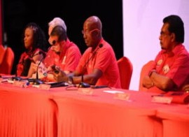 Prime Minister Dr. Keith Rowley (second from right) at the head table during the special convention of the ruling People’s National Movement (PNM) on Sunday.