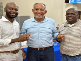 CWI president Dr. Kishore Shallow (left) with NDP leader Dr. Godwin Friday and former North Leeward MP, Roland “Patel” Matthews. (CMC Photo)