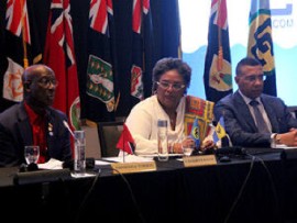From left: The prime ministers of Trinidad and Tobago, Dr. Keith Rowley; Barbados, Mia Mottley and Jamaica, Andrew Holness and Chair of CARICOM, Mia Mottley brief the media in Bridgetown, Barbados after the 48th Summit of CARICOM on Friday, February 21, 2025. (CMC photo)