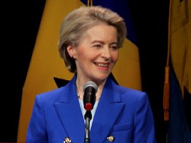 European Union Commissioner Ursula von der Leyen addressing CARICOM summit in Barbados on Wednesday, February 19, 2025 (CMC Photo)