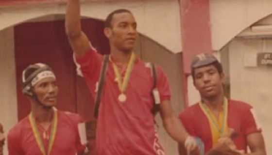 Jean Louis (centre) celebrates after winning the Ovaltine race in St Kitts & Nevis in 1986. (Photo courtesy Saint Lucia Cycling
