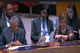 United Nations special representative to Haiti, Maria Isabel Salvador, listens as Haitian delegate addresses UN Secretary Council