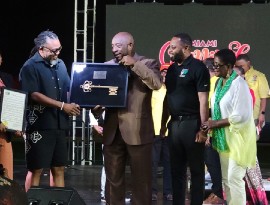 Machel Montano receives with the Key to the City of Lauderhill from Vice Mayor Lawrence ‘Jabbow’ Martin.