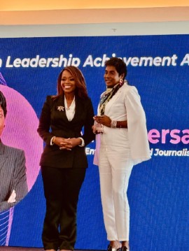 Congresswoman Sheila Cherfilus-McCormick, (D-20th District), (l), with this year’s Women in Leadership Achievement Award winner, Guyanese-born, Caribbean immigrant entrepreneur and advocate, Felicia J. Persaud. (Pamela DeFreitas image)