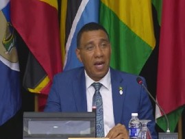 Prime Minister Andrew Holness, the CARICOM chair, speaking at the end of summit news conference on Tuesday night (CMC Photo)