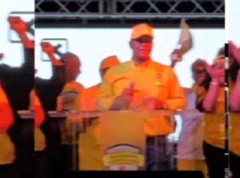 Premier Washington Misick celebrating the victory of his ruling Progressive National Party (PNP) on Friday night (CMC Photo)