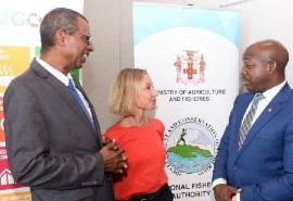 Minister of Agriculture and Fisheries Pearnel Charles Jr. (right), in dialogue with (from left) CEO of the National Fisheries Authority, Dr. Gavin Bellamy and Project Lead, United Nations Development Program (UNDP) Blue Resilience Project, Dr. Emma Witbooi, during the launch of the multi-agency fisheries crime-prevention mechanism.