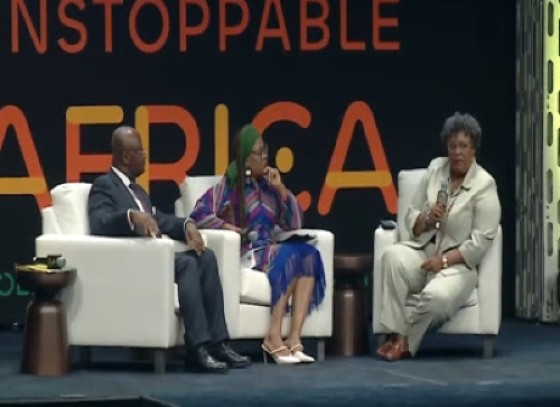 Barbados Prime Minister Mia Mottley participating in a fireside chat” with the President and Chairman of the Board of Directors of the Afreximbank, Dr. George Elombi, in New York (CMC Photo)
