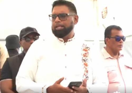 President Irfaan Ali speaking on Wednesday to relatives of those passengers from the ill-fated MV Barima vessel (CMC Photo)