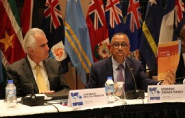 Executive secretary of the Economic Commission for Latin America and the Caribbean (ECLAC), Jose Manuel Salazar Xirinachs (left) and Trinidad and Tobago’s Minister of Planning, Economic Affairs and Development, Kennedy Swaratsingh.