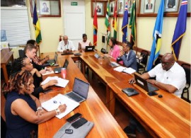 OECS Director General, Dr. Didacus Jules at the head table with other OECS officials during talks with CDB and IDB (OECS Commission photo)