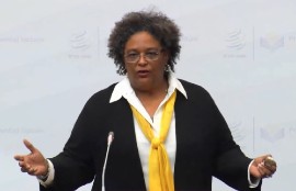Prime Minister Mia Mottley delivering the inaugural World Trade Organization Presidential lecture.
