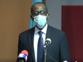 Prime Minister Phillip J. Pierre at news conference on Monday (CMC Photo)