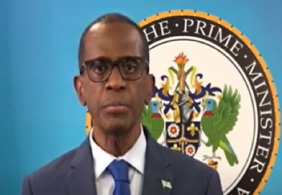 Prime Minister Phillip J Pierre addressing the nation on Sunday night (CMC Photo)