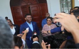 Prime Ministers Kamla Persad Bissessar and Dickon Mitchell fielding questions from the media following their talks in Port of Spain on Friday