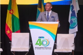 Grenada’s Prime Minister Dickon Mitchell, addressing the 40th annual meeting of the Caribbean Association of National Telecommunication Organizations (CANTO) (CMC Photo)