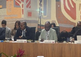 Prime Minister Gaston Browne, flanked by members of his delegation, Ambassador to CARICOM, Dr. Clarence, Henry and foreign service officers, Kurt Williams and Zeina Hechme, addressing the Brazil-CARICOM summit