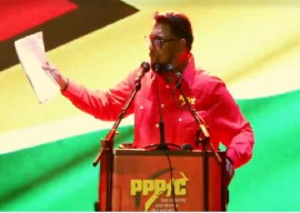 President Irfaan Ali speaking at a PPP/C rally in Linden on Sunday