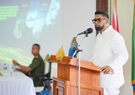 President Irfaan Ali addressing the 2025 Annual Officers’ Conference of the Guyana Defence Force on Thursday (Photo Office of the President)