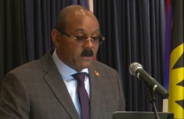 Prime Minister Gaston Browne addressing ceremony to mark the change in chairmanship of the Eastern Caribbean Central Bank (ECCB) Monetary Council on Thursday night. (CMC Photo)