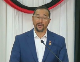 Prime Minister Stuart Young speaking to reporters in Tobago following the meeting with the Sandals Group, led by its chairman, Adam Stewart (CMC Photo)