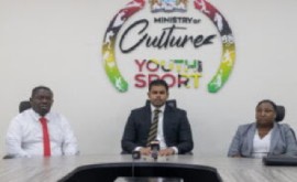Minister of Culture, Youth and Sport, Charles Ramson, flanked by Director of Culture, Tamika Boatswain (right), and Andrew Tyndall, National Events Coordinator (left)