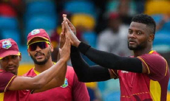 Romario Shepherd (right) had figures of 3-15 from his four overs against South Africa in the second T20.