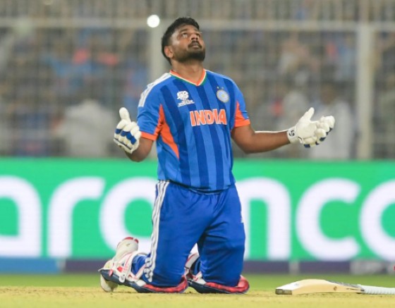 Sanju Samson celebrates after leading India to victory over the West Indies in their crucial Super Eights match on Sunday.