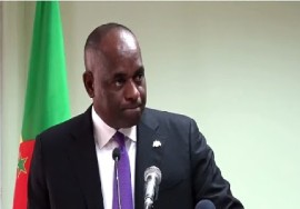 Prime Minister Roosevelt Skerrit speaking at Monday’s news conference (CMC Photo)