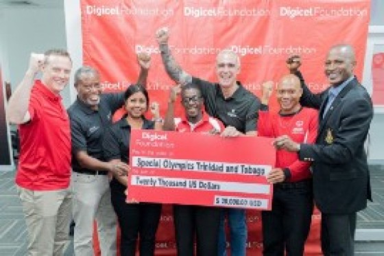 From left to right: Abraham Smith – Digicel Trinidad & Tobago CEO; Ferdinand Bibby – SOTT National Director; Desha Clifford – Digicel Foundation Chairperson; Justin Providence – athlete; Marcelo Cataldo – Digicel Group CEO; Antonio Sorzano – athlete and SOTT chairman Major David Benjamin during a presentation earlier this year.