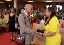 Stanford University Professor Emeritus, Jamaican-born Dr. Donald Harris, father of US Vice President and potential Democratic presidential candidate Kamala Harris, is greeted on arrival by Deputy Chief of Mission at the Jamaican Embassy in Washington, DC, Ms. Lishann Salmon, at the 190th Emancipation and 62nd Independence church service held at the Sligo Seventh-Day Adventist Church in Takoma Park, Maryland, on Sunday, July 28. (Photo by Derrick Scott)