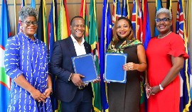 Pictured from left to right at the MOU signing in Barbados: Thérèse Yarde, Caribbean Fellow/Senior Director, Caribbean SIDS Programming, Conservation International; Kelvin Alie, Senior Vice President, Field Programs, Conservation International; Dona Regis-Prosper, Secretary-General & CEO, Caribbean Tourism Organization; and Sharon Banfield-Bovell, CTO’s Director of Resource Mobilization and Development