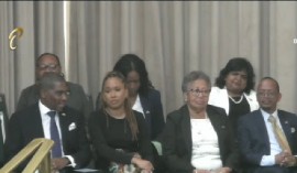 CARICOM chairman and St. Kitts and Nevis Prime Minister Dr. Terrance Drew (left front) with his delegation at the Trinidad and Toba Parliament on Friday (CMC Photo)