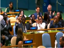 Foreign Affairs and International Cooperation Minister, Hugh Todd (hands raised) joins Guyana’s Permanent Representative to the United Nations, Ambassador Carolyn Rodrigues-Birkett and other members of the Guyanese delegation in celebrating the country’s election to the UN Security Council (DPI Photo)