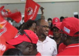 ABLP candidate, Rawdon Turner, being congratulated by party supporters following his victory in the St. Peter’s by-election on Tuesday.