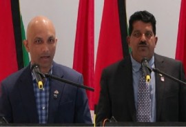 Chair of the Suriname Guyana Chamber of Commerce, Vishnu Doerga, and President of the Trinidad and Tobago Manufacturers’ Association (TTMA), Dale Parson at the launch of the trilateral trade mission