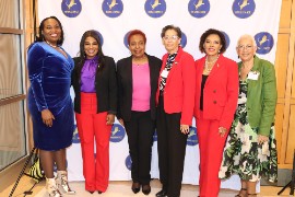 Jamaica's Ambassador to the United States, Her Excellency Audrey Marks receive a warm welcome from New York State Senator Kevin Parker on her arrival at International Women’s Conference to deliver the keynote address at Hofstra University in Hempstead, New York on Saturday March 9th, 2024. Looking on from left to right at Jamaica’s consul general in New York, Alsion Wilson, and Dr. Neva Alexander, Chief Executive Officer, Neva Alliance. (Photo by Derrick Scott).