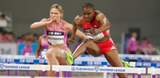 Danielle Williams on her way to victory in the women’s 100 meter hurdles at the Xiamen Diamond League in China