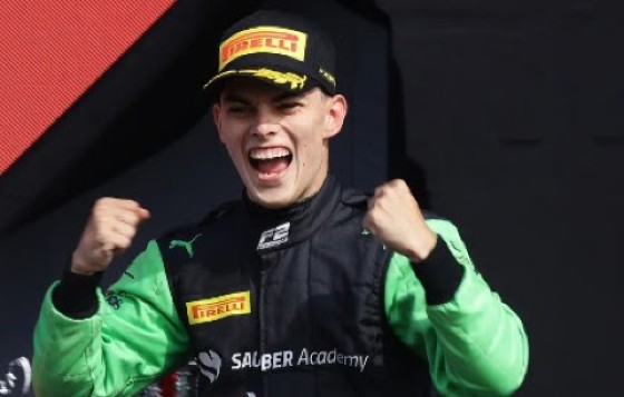 Barbadian driver Zane Maloney celebrates his win at Sakhir.