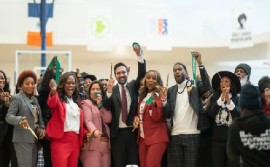 New York City Mayor Zohran Mamdani (center) flanked by several Caribbean American legislators at the opening of the new park in honour of the late Caribbean-American Congresswoman, Shirley Chisholm. (CMC Photo)